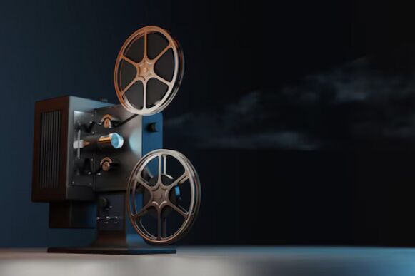 Ein alter Filmprojektor steht in einem dunklen Raum. Zwei große Filmrollen sind auf dem Projektor montiert, und ein Lichtstrahl projiziert das Bild in die Ferne. Der Hintergrund ist dunkel gehalten, und der Filmprojektor ist gut beleuchtet, was seine metallischen Details hervorhebt.