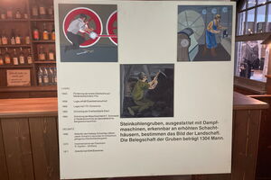 Es ist eine quadratische Tafel abgebildet. Sie hat einen hellen Hintergrund. Auf der Tafel befinden sich drei quadratische Abbildungen. Diese sind handgemalt. Das Bild oben links zeigt einen Mann, der an einem Rad einer Dampflokomotive arbeitet. Rechts oben befindet sich eine weitere Abbildung. Auf ihr sind links Teile einer Dampfmaschine zu sehen, daneben steht ein Mann, der an einer Werkbank arbeitet. Auf dem Bild in der Mitte ist ein Mann dargestellt, der in einem Bergwerk arbeitet.  Links neben diesem Bild und darunter steht Text.